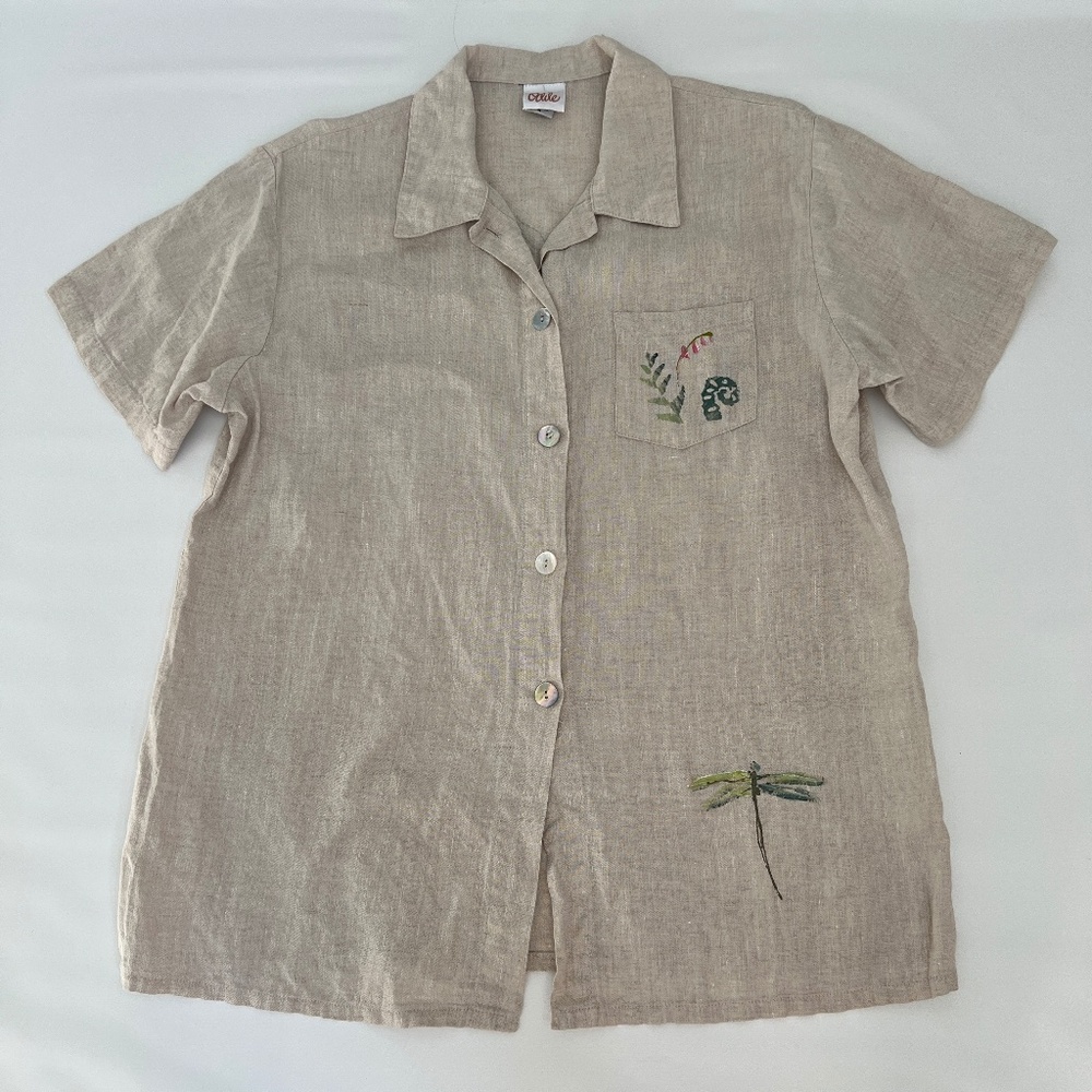 Vtg Odile Art To Wear Women's M Tan Linen Hand Painted  Button Tunic Made in USA